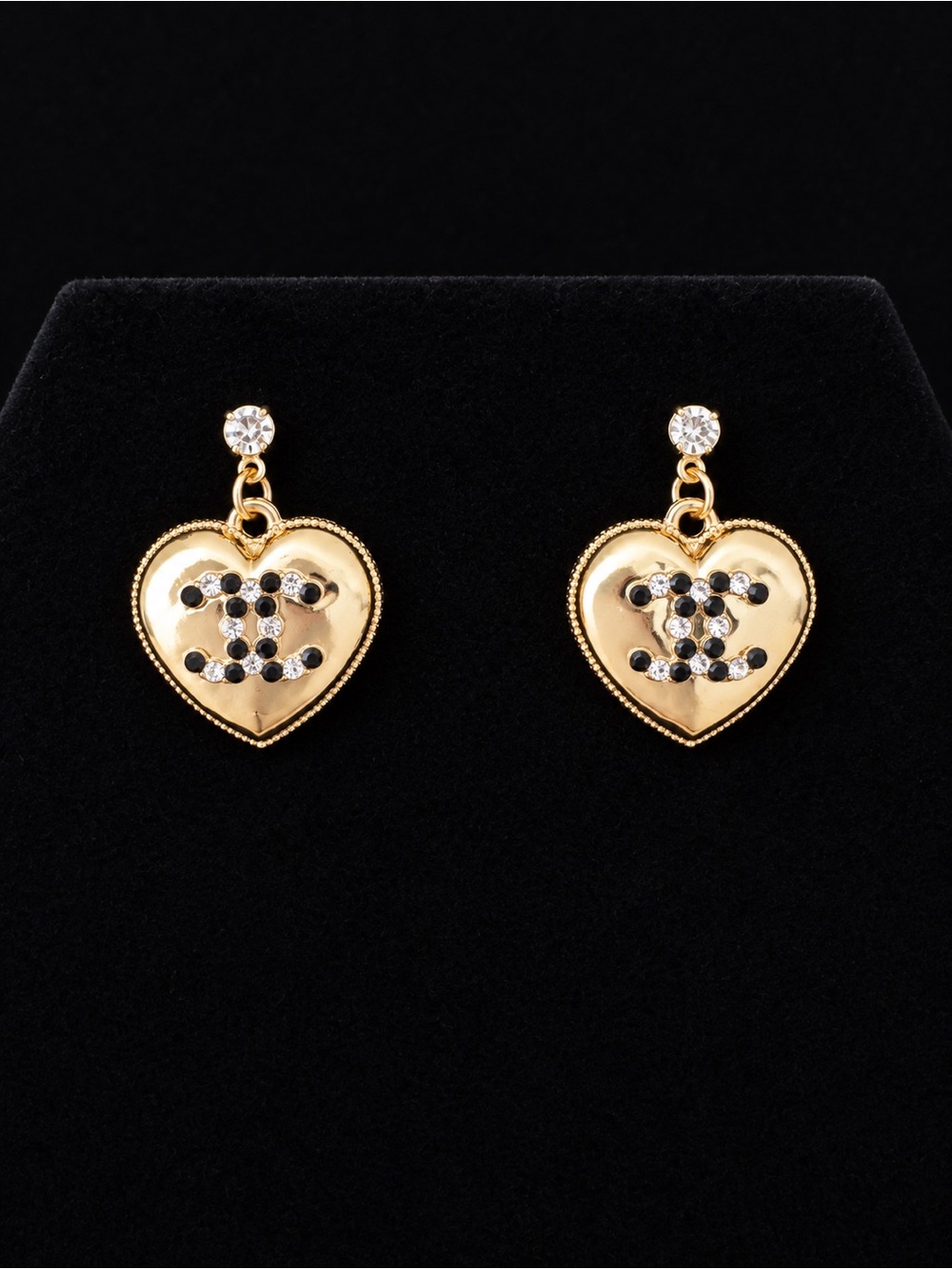 CHANEL Gold Heart Drop Earrings with Black and Clear Stones
